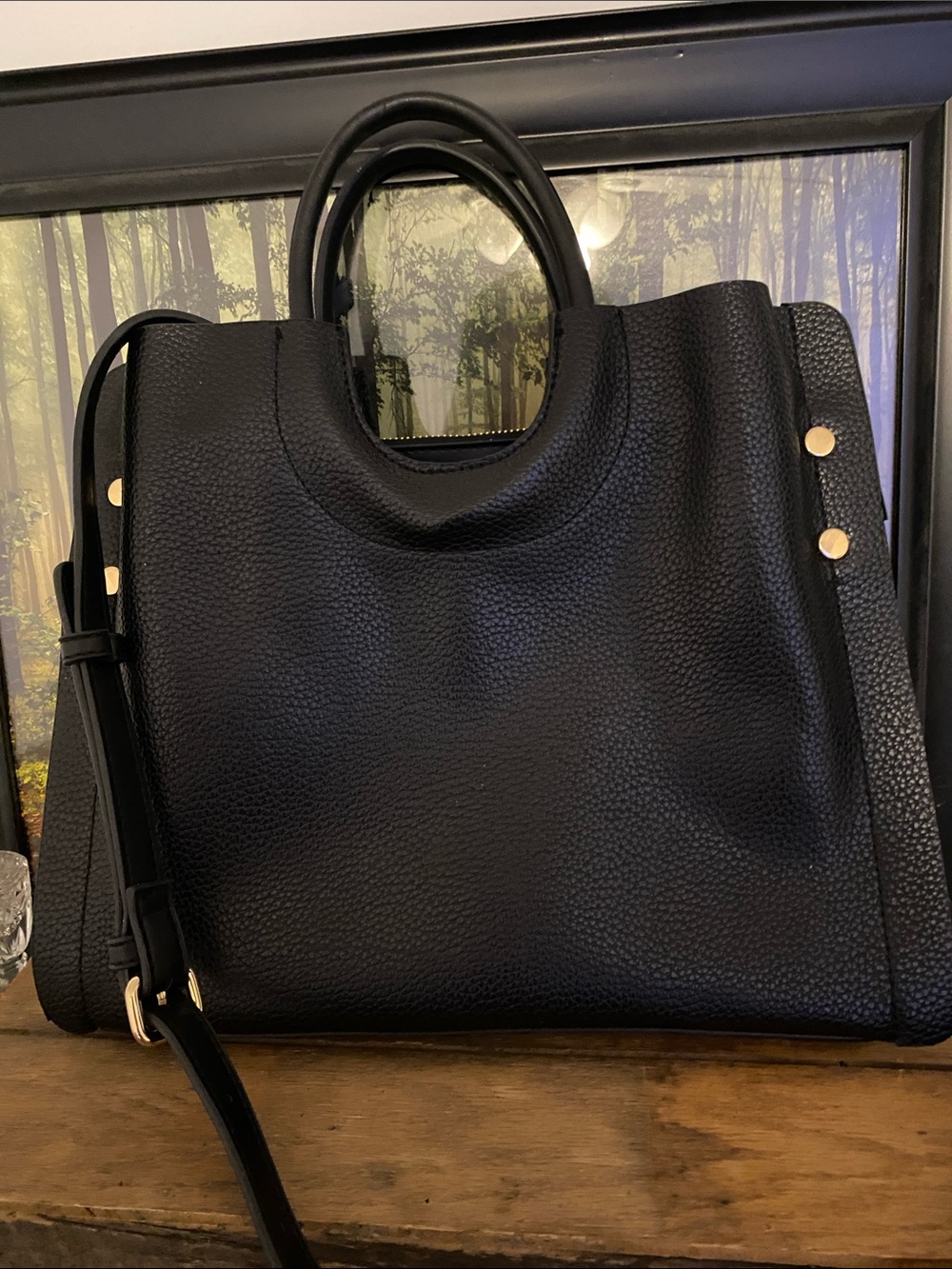 Classic Black Pebbled Leather Tote with Gold Accents